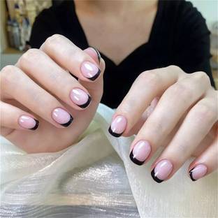NAKHI 24 Artificial Fake NailSet Peach color with square Black tip Design Glossy Nails Peach