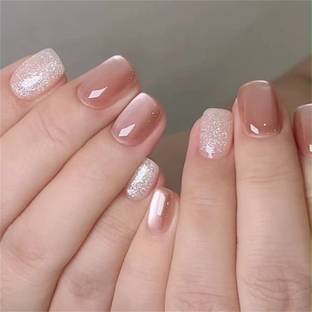NAKHI 24 Reusable Artificial Fake Nail Set Base Peach colour with Glitter Glossy Nails Peach
