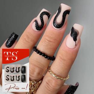 THR3E STROKES Press on Nails 24pcs Fake Artificial Nails with Gluetabs Application Kit (PN2) Includes 24 Nails, 1sheet Gluetabs,1 Alcohol Wipe,1 Manicure Stick, 1 Mini Filer