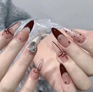 NAKHI 24 ReusableFake Nail Set | Peach Base Colour with Maroon Long Tip Design Nails Peach