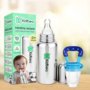 KIdbea Stainless Steel Infant Baby Feeding Bottle,Blue silicon Fruit Feeder BPA Free - 250 ml