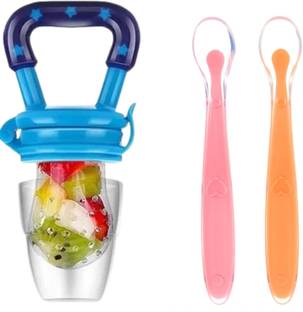 Millionminds 2pcs Baby Feeding Spoons & Teether for Kids Fruit Food Feeder (Combo Pack of 3)  - 100% Silicone Tip, BPA Free material with Food Grade Silicone tip