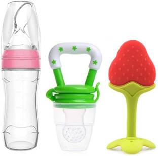 Kidsify Baby Cereal Rice Paste Squeeze Feeding Milk Bottle Food Feeder & Baby Fruit Nibbler Soother & Silicone Teether (Combo Pack)  - Silicone