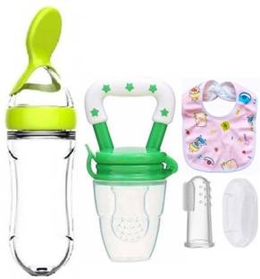 Saraswati kart Baby fruit nibbler, finger brush, bibs & spoon feeder for feeding silicone combo