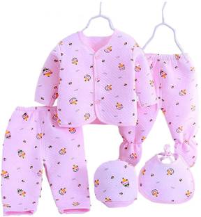 PIKIPOO Presents New Born Baby Winter Wear Keep warm Cartoon Printing Baby Clothes 5Pcs Sets Cotton Baby Boys Girls Unisex Baby Fleece / Falalen Suit Infant Clothes First Gift For New Baby.Pink