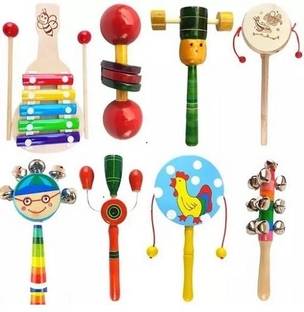 Little Mind Colourful Wooden Baby Rattle Toy - Hand Crafted Rattle Set for Kids -Pack Of 8 Rattle