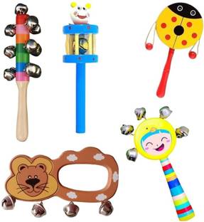 Little Mind Wooden Hand Crafted Rattle Set for Kids, Babies, Infants, Non Toxic - Pack of 5 Rattle