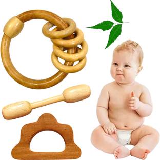 Shreeja Shilpcraft Natural Neem Wood Ring Inside Ring Rattle with Dumbbell and Cloud Shape Teether Rattle