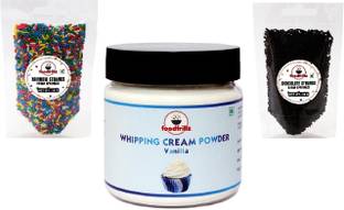 foodfrillz Whipping Cream Powder - All-Purpose / Vanilla (100)+ Rainbow Sprinkles (50 g) + Chocolate Strands Vermicelli (50 g) for cake decoration Topping