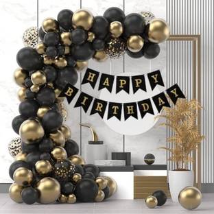 PARTY MIDLINKERZ Solid Golden & Black Birthday Decoration Items Set Kit with Pump for Boys, Girls Balloon