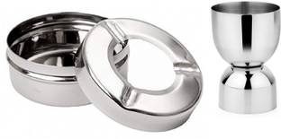 Anne-kee Stainless Steel 2 PCs Combo Lid Ashtary for Cigar Cigarette Ashtray and Peg Measure 30/60 ML Wine Whisky Cocktail Measuring Jigger 2 - Piece Bar Set
