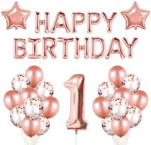 Rozi Decoration Printed 1st Birthday Celebration theme with 1 Number & Happy Birthday Foil Balloon