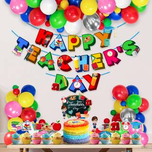 ZYOZI Happy Teacher's Day Decorations Include Banner,Balloons,Cake Topper( Pack Of 37)