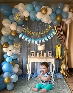 PARTY MIDLINKERZ First/1st Birthday Blue and White Decoration with White net Cloth and Led Light