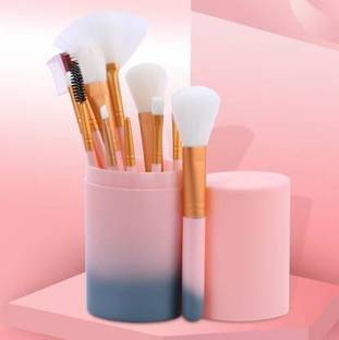 hemoly Professional 12 Piece Face and Eye Makeup Brush Set With Storage Barrel - Pink & Blue (Pack of 12)