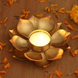 Brand Retail Golden Iron Table Lotus Flower Candle Holder Diwali Diya Iron 1 - Cup Candle Holder Set