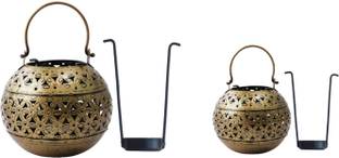 Vandana Collection Lantern with Geometric Cutout Pattern Golden Handle Set of 2 Gold Iron Hanging Lantern