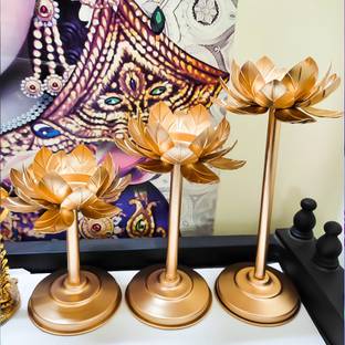 Easyera Golden Lotus Metal Tea Light Candle Holders Decoration Festival Gift Item Iron 3 - Cup Tealight Holder Set
