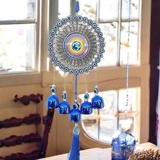 Divine creation 5 Bell Evil Eye Wind Chime with OM Design - Unique Hanging Ornament for Home Decorative Showpiece  -  34 cm