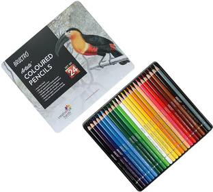 BRuSTRO ARTISTS' 4MM & SUPER SOFT COLOURED PENCILS, SET OF 24, WITH ELEGANT TIN BOX ROUND Shaped Color Pencils