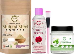 slukrl Combo Pack Aloe vera gel with multani mitti powder & Rose water Brush