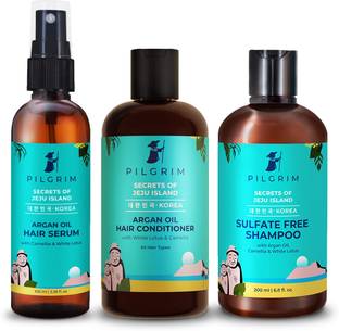 Pilgrim Hair Nourishing Essentials | Promotes Growth | Improves Volume | Damage Protection | Sulphate Free Shampoo 200ml, Argan Oil Hair Conditioner 200ml and Argan Oil Hair Serum 100ml | Men & Women | Korean Beauty Secrets