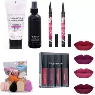 Quitzel makeup combo liquid matte lipstick primer fixer 2 longlasting eyeliner 6in1 puff