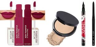 SILEOSA Long Stay Liquid Matte Lipstick (Flirty Red, Maroon), Compact, Kajal & Eyeliner