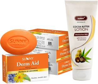 Sunny Herbals Cocoa Butter Lotion 100Ml and Derm Aid Soap-75gm x 4