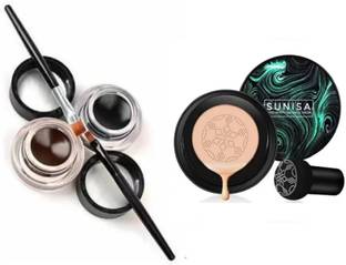 SUBHMUN Black and Brown Gel Eyeliner With brush 32 g (Brown, Black) & Mushroom air cushion cc cream Moisturizing Foundation
