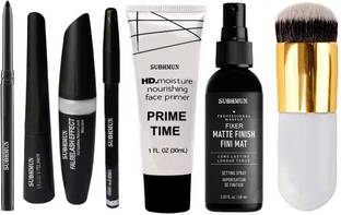 SUBHMUN Kajal & 3in1 Eyeliner, Mascara, Eyebrow Pencil & Fixer Face Spray, I Primer & Round Shape Naked Makeup Brush