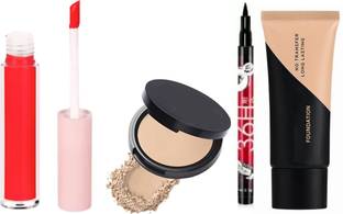 SILEOSA Combo Of Waterproof Eyeliner, Foundation, Compact Powder & Red Single Lipstick
