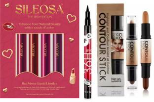 SILEOSA Red Edition Liquid Matte Lipstick, Contour Stick Highlighter & Eyeliner