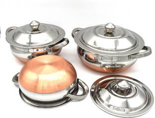 JCBB Stainless Steel Handi Serving Pot with Steel Lid Copper Bottom Silver top -(Set of 3) 550 ml 750 ml 1250 ml Cookware Set