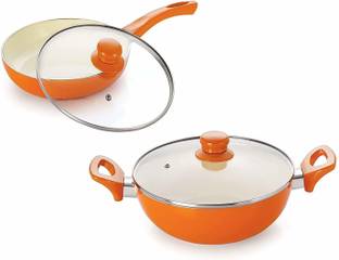 NIRLON Nirlon Ceramic Induction Base Non-Stick Aluminium Cookware Set, 2-Pieces, Orange Induction Bottom Non-Stick Coated Cookware Set
