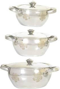 Nirvika 3pc Stainless Steel handi set Cook & Serve Set (Laser Handi) Cookware Set (Stainless Steel Handi Non stick, 3 - Piece WITH LID AND HANDLE) Handi 1.5 L, 1 L, 0.75 L Cookware Set