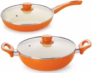 NIRLON Nirlon Induction Base Aluminium Cookware Set, 2-Pieces, Orange Induction Bottom Non-Stick Coated Cookware Set