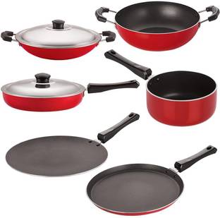 NIRLON Gas Compatible Non-Stick Aluminium Cookware Set, 6-Pieces, Red/Black Non-Stick Coated Cookware Set