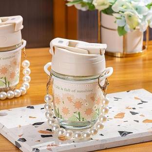 Coozico Pack of 1 Glass Glass Coffee Sipper Mugs with Pearl Chain Belt & Sleeve