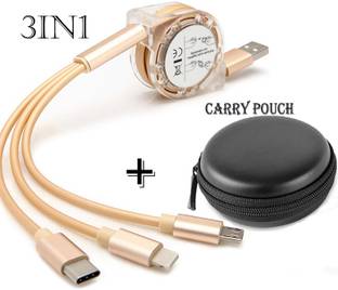 3D GOLDTM Retractable Mobile Charging Cable+Carry Pouch Fast 3in1 Multiple Pin Data Cable 1.3 m Micro USB Cable