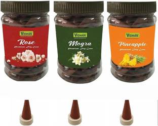 vidhan Dhoop Cones Premium Jar 3x100Gm No Bamboo Dhoop Cones| ROSE MOGRA PINEAPPLE Rose, Jasmine, Fruit Dhoop