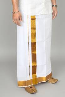 TUNI MANI 2inch Gold Zari Border Cotton Single Layer Solid Men Dhoti