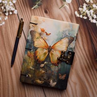 Al Zohra Handicraft Leather Cardboard Golden Butterfly Print Special Binding A5 Diary Notebook A5 Notebook Unruled 200 Pages