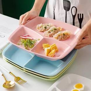 PERMAFROST Pack of 4 Bamboo, Earthenware Wheat Straw Fiber 3 Compartment Plate Impact & Heat Resistant Modern Dinnerware Dinner Set