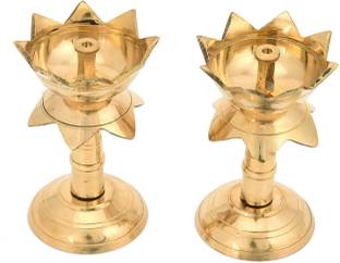 RUDRANSH Combo Set of 2 Pure Brass Diya for Puja Lotus Shape Diya 3.5 inch set of 2 Brass (Pack of 2) Table Diya