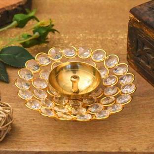 Crinikle Small Crystal Akhand Diya Brass Oil Puja Lamp for Home Office Gifts Pooja Brass Table Diya