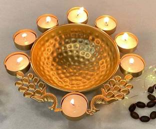 Crinikle Urli Bowl with Mayur Tealight Holders for Flower Table Pooja Decorative Urli Brass Table Diya