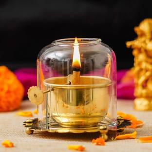 Denique Adjustable Bati Jyoti Lighting Screw Wick Akhand Diya,Gorilla Glass Cover,Medium Brass, Borosilicate Glass Table Diya