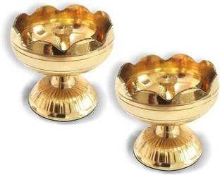 Crinikle Decorative Brass Oil Lamp Diya (Pack of 2) Table Diya Set Brass (Pack of 2) Table Diya Set