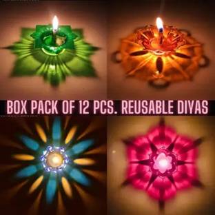 Rufous GlowSphere 3D Diya/WIth 12 multicolore diya/12wick Plastic (Pack of 12) Table Diya Set